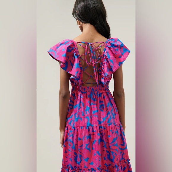 SugarLips Yeraldi Berry Fiora Open Lace Up Tiered Back Midi dress L - Picture 12 of 14